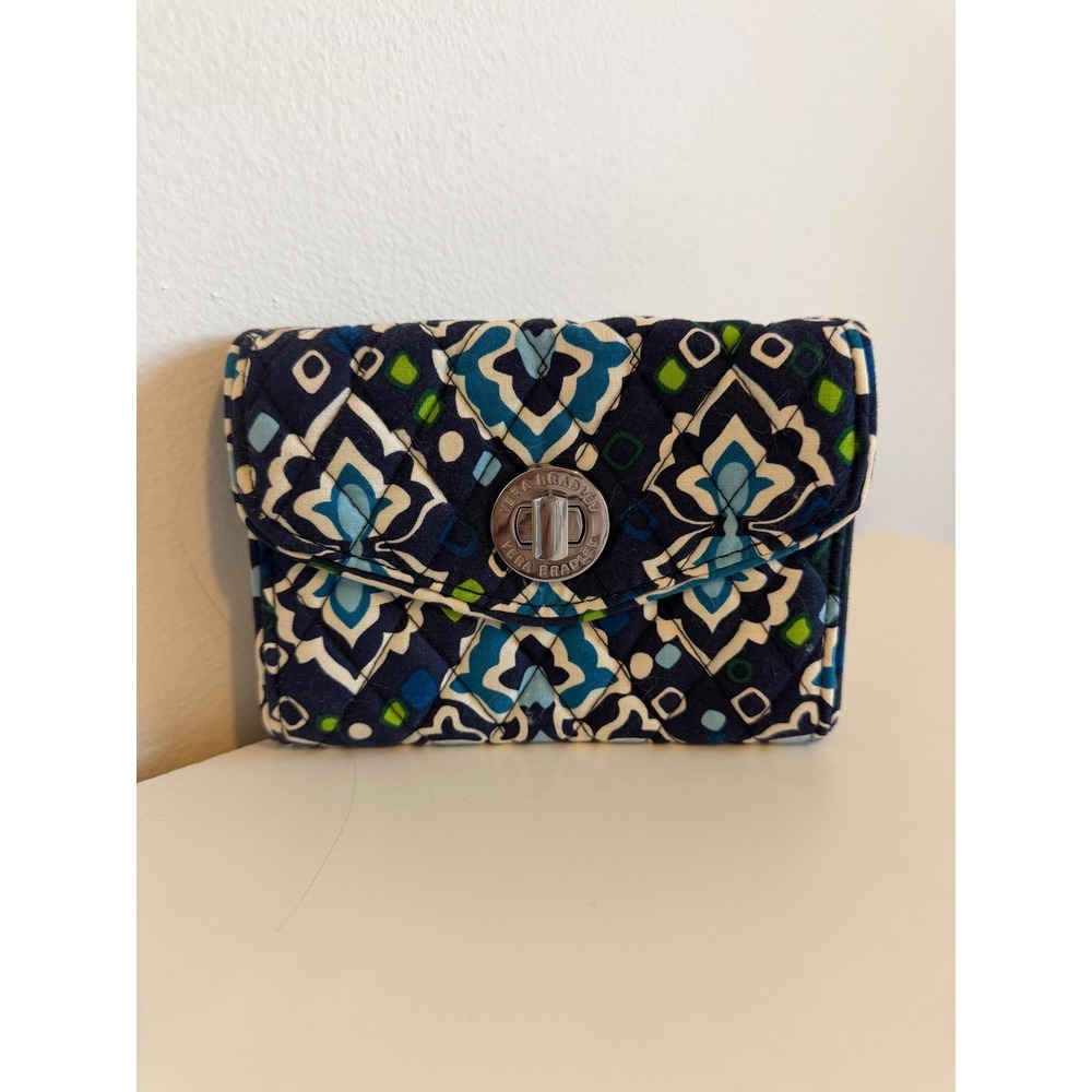 Vera Bradley Turnlock Wallet Quilted Cotton Blue Green Medallion Geometric